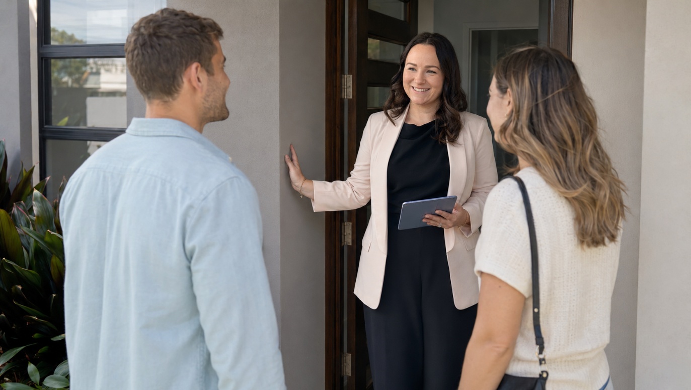 Upside Ave property manager greeting residential investment property owners at the door